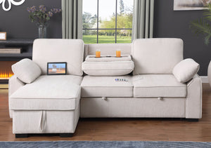 English Elm Mackenzie Chenille Fabric Reversible Sleeper Sectional with Storage Chaise, Drop-Down Console and USB Charging Ports Beige B061S00935