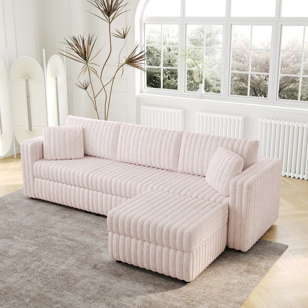 English Elm 106.3" Elegant Light Pink 3-Person Sofa With Hydraulic Ottoman – Modern Comfort & Smart Storage Solutions W1767S00019