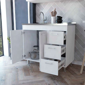 English Elm Darien White Base Cabinet with Faucet Hole, Double Door & 3 Drawers, 39.37"W x 35.43"H Stylish storage B128S00040