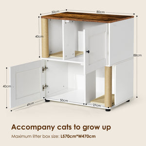 English Elm Double Cat Litter Enclosure Cabinet for Two Cats with Scratching Post, Dual Tray Storage, White Vintage W1687P221394