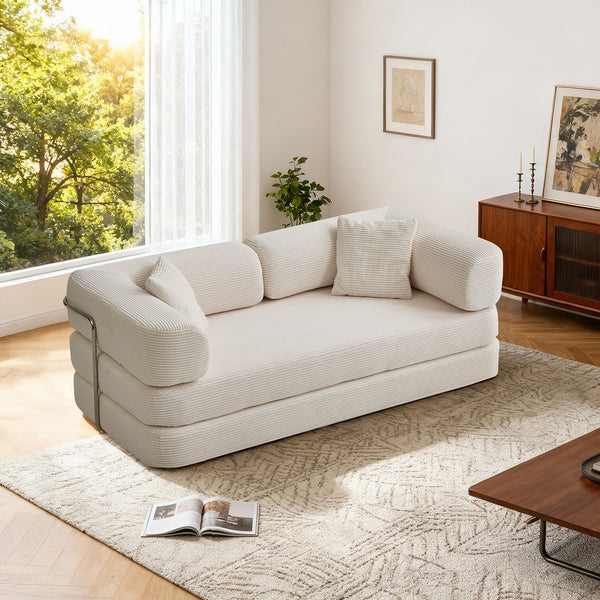 English Elm Floor Floor Couch Convertible 5-in-1 Corduroy Sofa Bed with Pillow-to-Blanket, Reinforced Frame Cream W3565P354961