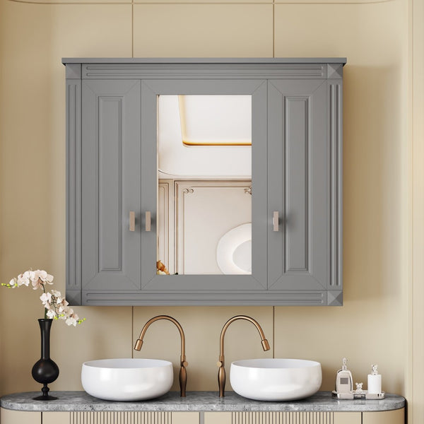 English Elm Bathroom Wall Cabinet Mirrored Mdf Three Door Over Toilet Gray Storage Unit N710P252503E