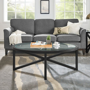 English Elm Modern Round Glass Coffee Table With Solid Wood Base – Sleek, Durable Design For Living Spaces W487P317845