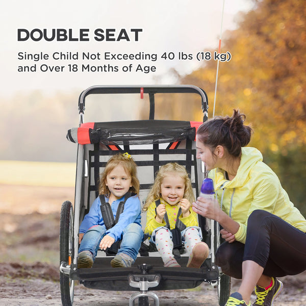 English Elm Aosom 2-in-1 Walk Ride Kids Bike Trailer & Stroller, 2-Seat Weatherproof Wagon with Flag, Red W2225P216990
