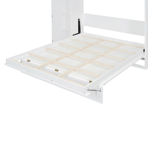 English Elm Full Size Murphy Bed with Open Shelving Wardrobe and Led Lighting for Studio Spaces White LP000898AAK