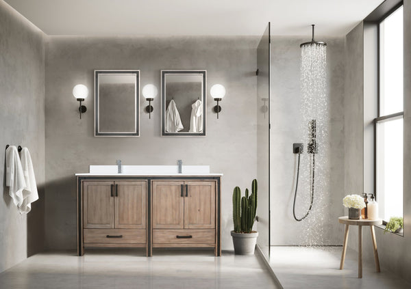 English Elm Rustic Barnwood Double Bath Vanity 60" W with White Quartz Top, Soft-Close Storage & 22" Mirrors B2731S00912