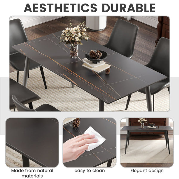 English Elm 62.99" Modern Artificial Stone Dining Table With Black Metal Legs – Seats 6, Contemporary Design W1535S00495