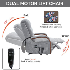 English Elm Power Lift Recliner Chair Chenille Upholstery Dual Motor Heat Massage Solid Wood Arms Gray W1803S00066