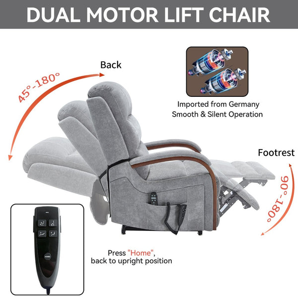 English Elm Power Lift Recliner Chair Chenille Upholstery Dual Motor Heat Massage Solid Wood Arms Gray W1803S00066