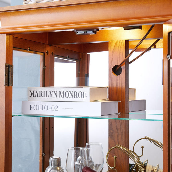 English Elm Lighted Glass Curio Cabinet With Adjustable Shelves, Elegant Oak Frame & Integrated Lighting For Showcasing Collectibles W2275P178797