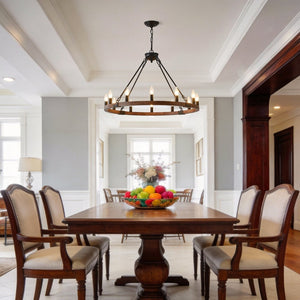 English Elm 31.5 Inch Wagon Wheel Chandelier Wood Matte Black 12-light Farmhouse Pendant Fixture W5008P464752
