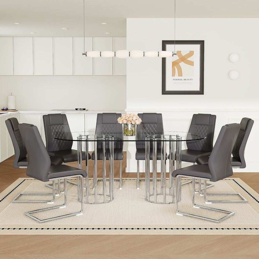 English Elm Black Wood Grain Mdf Dining Table Set Seats Four with Suede Upholstered Chairs Dark Gray,Silver,Transparent W1151S04735