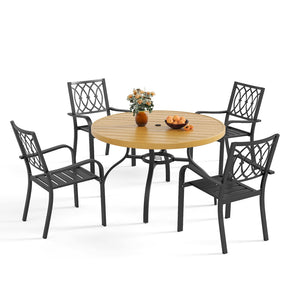 English Elm 5-piece Outdoor Round Dining Set Wood-grain Slat Table Stackable Steel Chairs Garden Black+Natural W3979S00022
