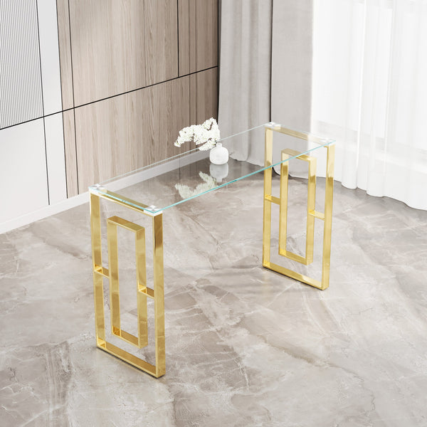 English Elm Console Minimalist Stainless Steel Glass Console Table with Reinforced Top, Sleek Space-Saving Design Golden,Transparent W1727P195276