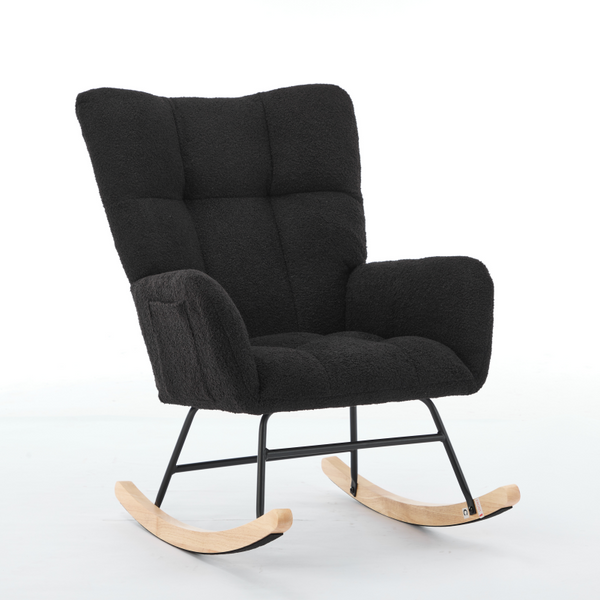 English Elm Modern Teddy Upholstered Rocking Glider Chair with High Backrest and Solid Wood Legs for Nursery Comfort Black W2725P213539