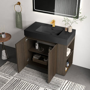 English Elm Galan Freestanding Bathroom Vanity Quartz Basin Fluted Wood Cabinet Modern Bath Oak,Smoke W1865S00221