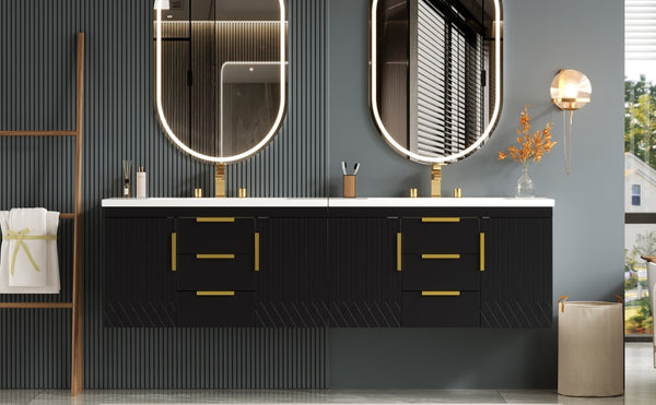 English Elm 72'' Wall Mounted Bathroom Vanity with 4 Drawers & Double Cabinets, Waterproof MDF, Smooth Slide Rails Black N710SS00009B