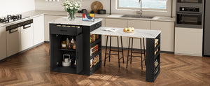 English Elm Extendable Kitchen Island Console with Open Shelving Drawers and Cabinet in Matte Black W1580S00274