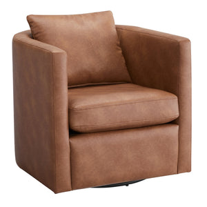 English Elm Sutton Ultra-Soft Faux Leather Swivel Barrel Chair in Brown — Stain-Resistant, Reversible Cushions, 360° Comfort B050P322591