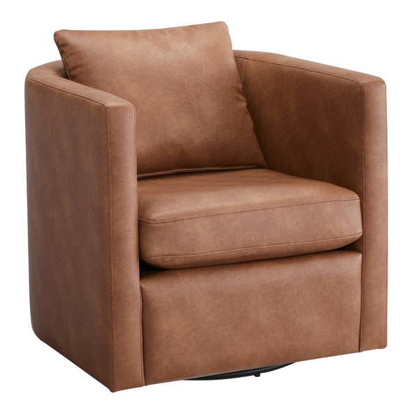 English Elm Sutton Ultra-Soft Faux Leather Swivel Barrel Chair in Brown — Stain-Resistant, Reversible Cushions, 360° Comfort B050P322591