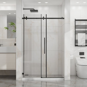 English Elm Goodyo 48" W X 72" H Modern Sliding Shower Door - Frameless Clear Glass, Easy-Clean Coating, Matte Black Hardware D163118741