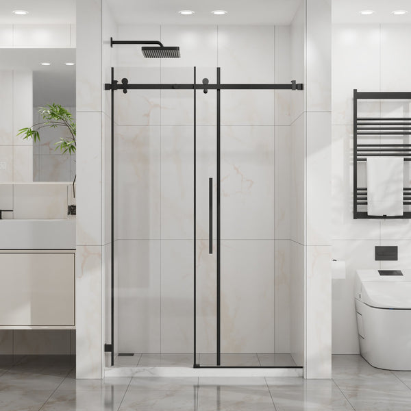 English Elm Goodyo 48" W X 72" H Modern Sliding Shower Door - Frameless Clear Glass, Easy-Clean Coating, Matte Black Hardware D163118741