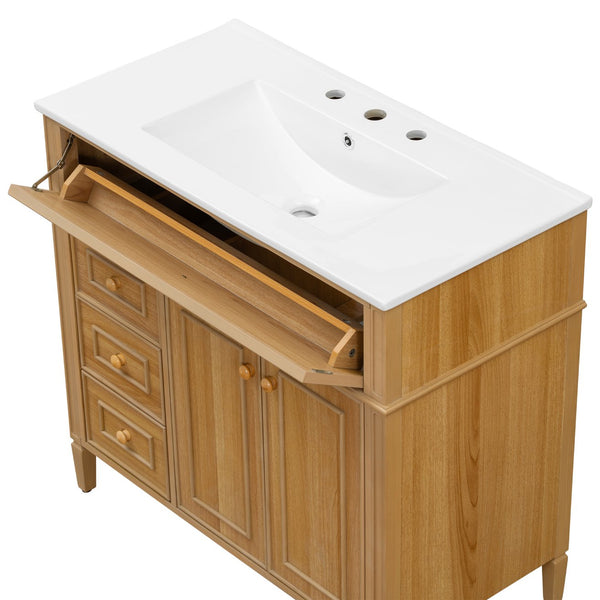 English Elm 36" Modern Bathroom Vanity with Ceramic Sink, Solid Rubber Wood & MDF, Flip Drawer, Soft-Close Doors N725P350825N