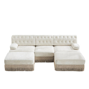 English Elm U Shaped Modular Sectional Sofa Chesterfield Tufted Velvet with Tassel Fringe Skirt Beige W714S01687