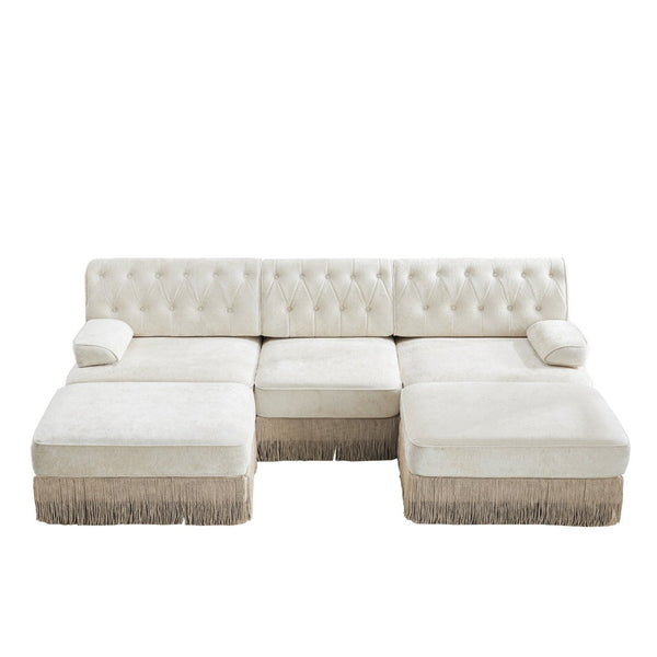 English Elm U Shaped Modular Sectional Sofa Chesterfield Tufted Velvet with Tassel Fringe Skirt Beige W714S01687
