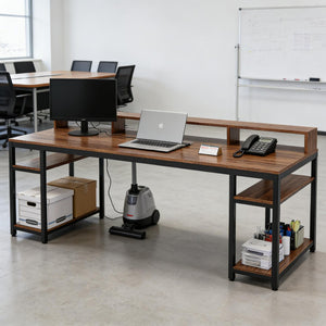 English Elm Computer Desk Two Person Wood Grain Workstation with Drawers for Shared Home Office T3971P453681