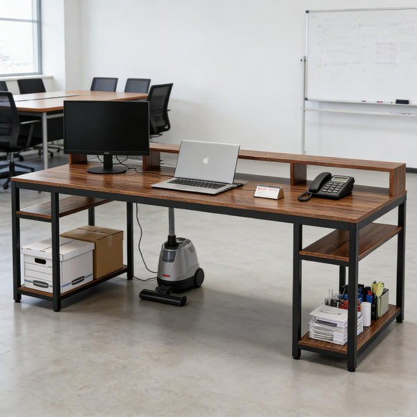 English Elm Computer Desk Two Person Wood Grain Workstation with Drawers for Shared Home Office T3971P453681