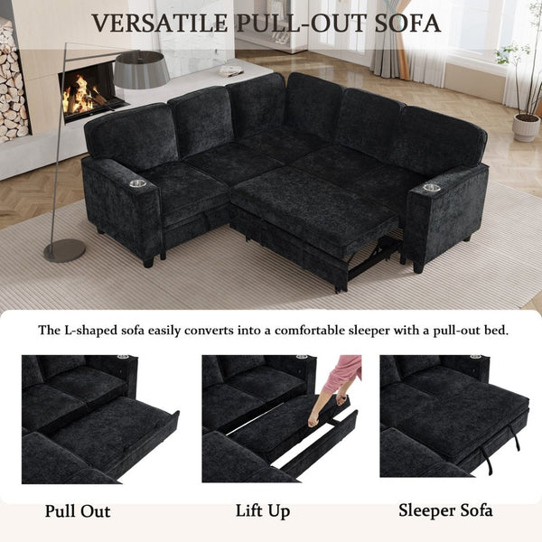 English Elm L-shaped Chenille Sectional Sleeper Sofa with Storage and Usb Charging Ports Charcoal Grey W1998S00088