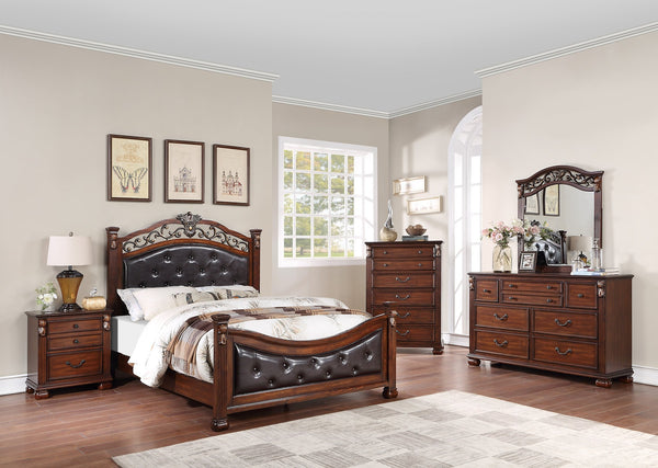 English Elm Formal Traditional Dark Cherry Queen Bedframe With Tufted Faux Leather Headboard For Elegant Bedrooms B011S00959