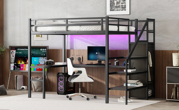 English Elm Full Xl Metal Loft Bed With L-Shaped Desk, Usb Ports & Led Light - Ideal Space-Saving Solution! W1580S00047