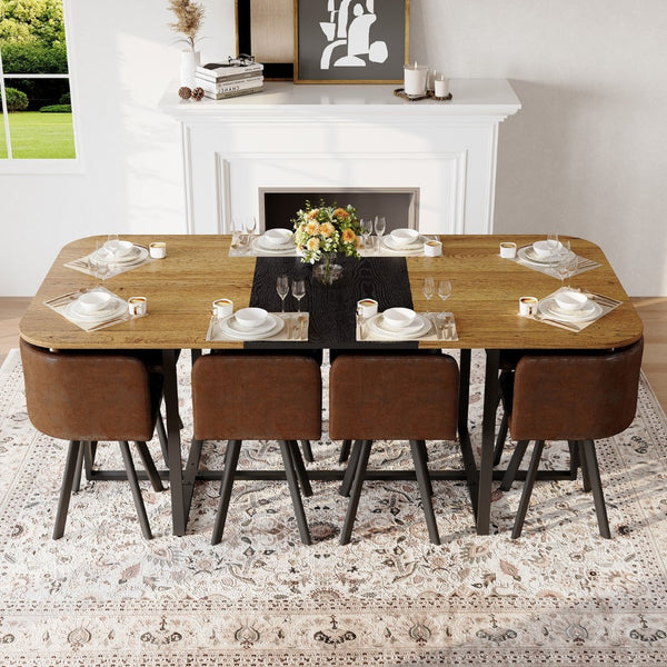 English Elm 9-piece Square Dining Set Seats 8 with Suede Chairs and Two-tone Metal Frame Black,Brown,Wood W3875S00137