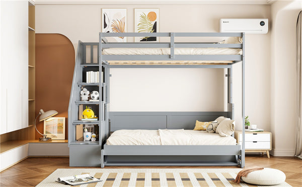 English Elm Full Over Murphy Bunk Bed with Hydraulic Lift Desk and Staircase Storage Gray LP200698AAE