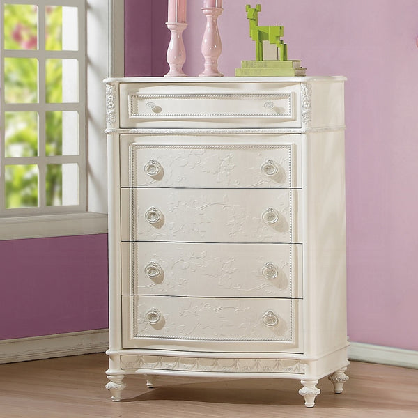 English Elm Ivory Romantic 5-Drawer Chest with Felt-Lined Top Drawer, Floral Accents & Mixed Pulls for Elegant Storage B062P209029