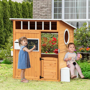 English Elm Outsunny Solid Fir Wood Kids Outdoor Playhouse with Door Windows Bench Mailbox W2225P217343