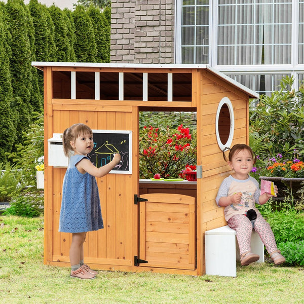 English Elm Outsunny Solid Fir Wood Kids Outdoor Playhouse with Door Windows Bench Mailbox W2225P217343