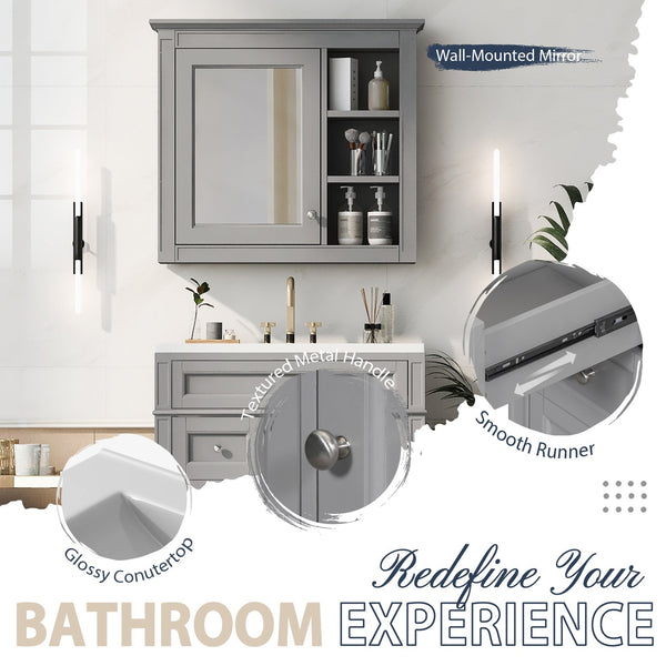 English Elm 30'' Modern Bathroom Vanity with Integrated Mirror Cabinet, Ceramic Sink, 3 Drawers & Ample Storage Grey SW000126AAE-1