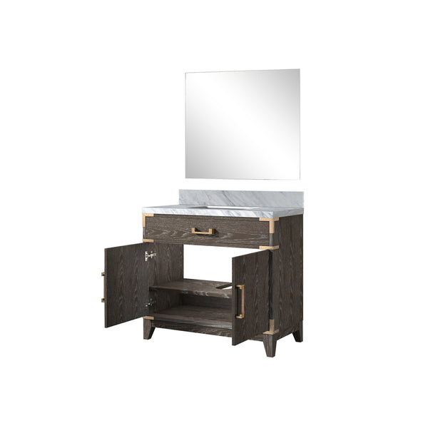 English Elm Brown Oak Single Bath Vanity With Carrara Marble Countertop & Matching 34" Mirror For Elegant Style B2731S01459