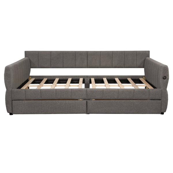 English Elm Queen Lambswool Platform Bed with Usb Charging Armrests and Under Storage Drawers Gray N7500000601E