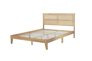 English Elm Queen Size Solid Rubberwood Bed With Rattan Headboard – Durable, Stylish & Space-Saving Design! W504P184305-GIGA