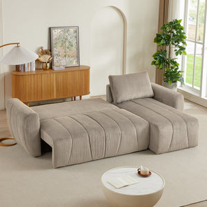 English Elm Convertible Corduroy Sectional Sofa with Storage & Reversible Chaise, 3-Seater Modern Bed Sofa (Light Brown) W2339S00029
