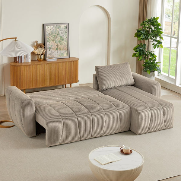English Elm Convertible Corduroy Sectional Sofa with Storage & Reversible Chaise, 3-Seater Modern Bed Sofa (Light Brown) W2339S00029