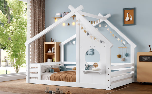 English Elm Full House Floor Bed with Roof Window and Shelf – Solid Pine Kids Loft-Style Low Bed, Durable Design White W1580P362693