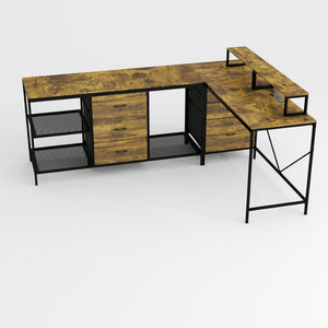 English Elm 114" L-shaped Industrial Gaming Desk with Power Hub 6 Drawers and Rustic Steel Frame T2398P438828