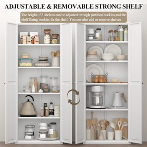 English Elm 2 Door Steel Pantry Cabinet Powder Coated Finish Gold Hardware Adjustable Shelves Tall Storage White T3625P366652