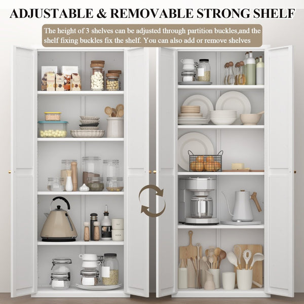 English Elm 2 Door Steel Pantry Cabinet Powder Coated Finish Gold Hardware Adjustable Shelves Tall Storage White T3625P366652