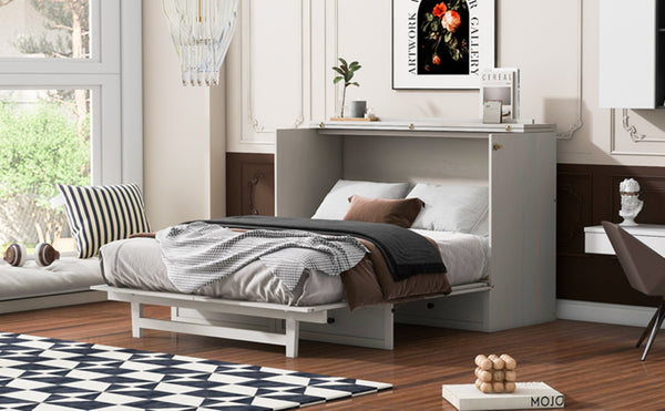 English Elm Queen Murphy Wall Bed with Usb Ports Storage Drawers and Cabinet Style Panel Front White N708S00006AAK